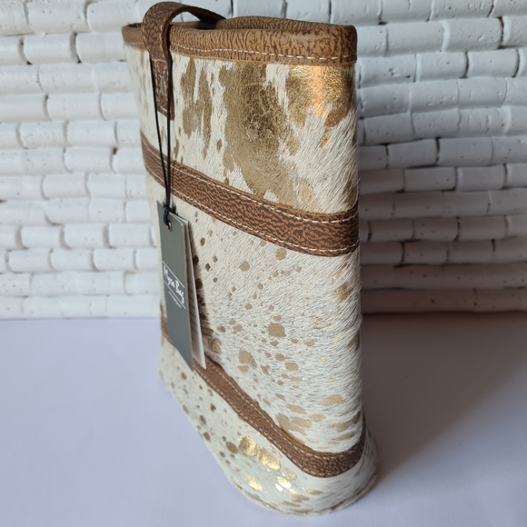 Myra Bag Leather Cotton Carve Gold Tan Cream Unique Medium Tote Bag Handbag - Picture 2 of 16